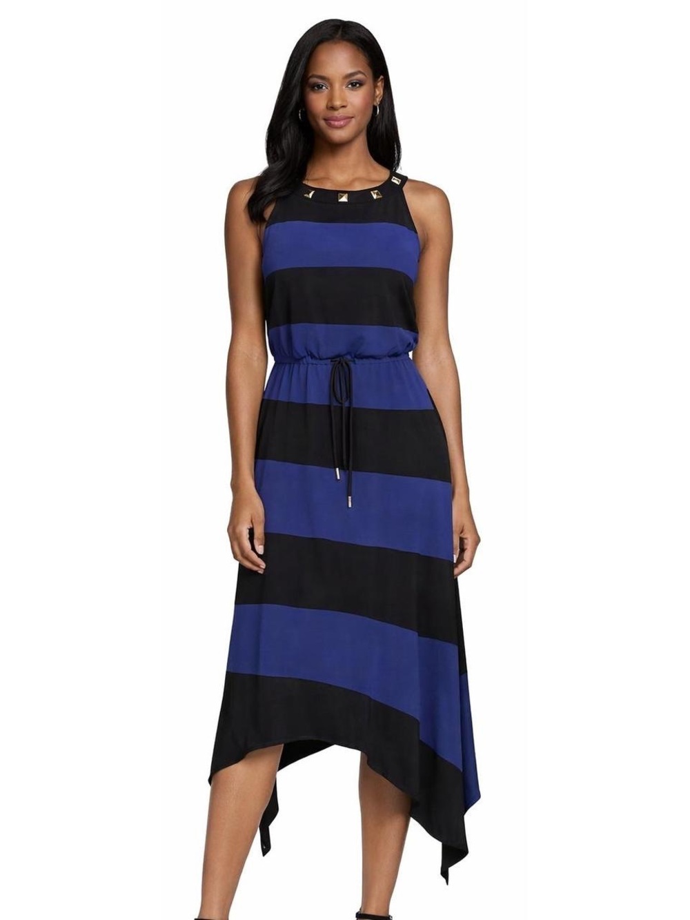 White House Black Market | Black and Blue Striped Dress